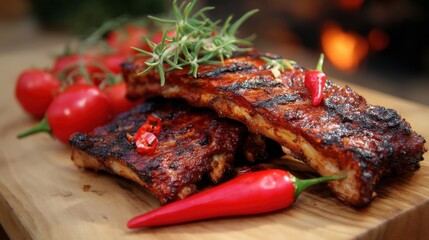 Grilled meat arranged on a wooden board surrounded by fresh chilies and herbs. It is set during a barbecue gathering with warm colors in the background.