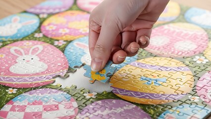 Close-up of hand placing the final piece of a colorful Easter egg themed jigsaw puzzle with bunny and chick graphics, concept for holiday activities, family entertainment and childhood education