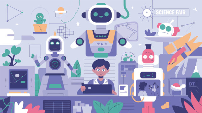 Boy working on laptop surrounded by robots science fair laboratory
