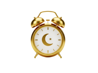 Golden alarm clock with moon and star isolated on transparent background