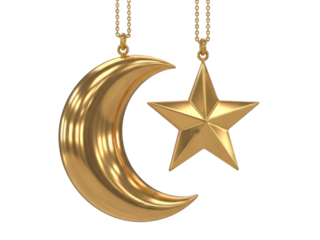Golden moon and star pendants isolated on transparent background