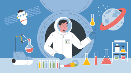 Astronaut in white spacesuit standing in front of space station control panel with laboratory © srdesignhouse