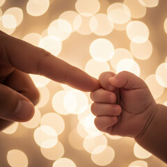 Parent finger holding baby hand with bokeh background. Concept of family love, child care and protection for new born.