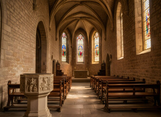Ancient stone church interior with empty wooden pews and stained glass windows, evoking a historical religious ceremony or quiet contemplation.
