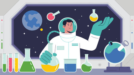 Astronaut in spacesuit holding beaker with colorful liquids and equipment on table laboratory