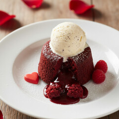 Decadent chocolate lava cake with vanilla ice cream and fresh raspberries