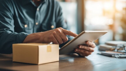 A person sits at a desk with a small package nearby and uses a tablet to check the status of a delivery. The room is bright and has various items around it.