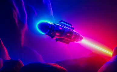 Futuristic spaceship hovering in a neon canyon, cinematic sci-fi digital illustration with glowing laser beam, synthwave aesthetic.