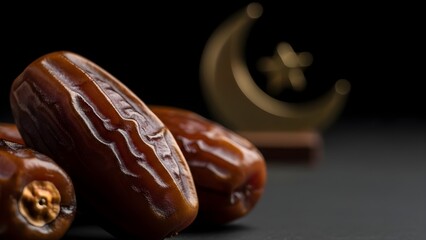 Close-up shot of sweet dates with a golden crescent moon and star ornament on a dark background, perfect for Ramadan celebrations