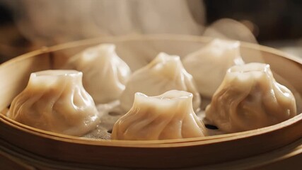 Steaming hot traditional Chinese soup dumplings known as Xiao Long Bao freshly prepared and served in an authentic bamboo steamer emanating delicious steam and promising a delightful culinary experie.