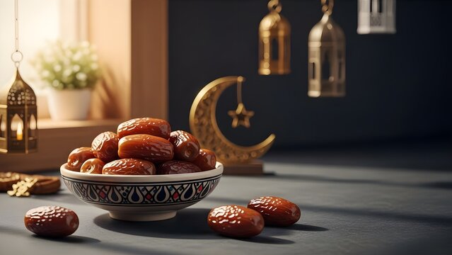 Ramadan iftar meal with dates in a bowl and crescent moon decoration