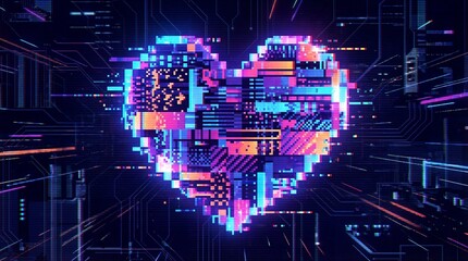 Obraz premium Vibrant pixel heart glows in futuristic digital circuit board background