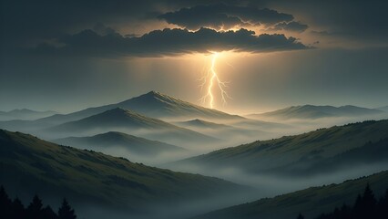Dramatic lightning strike illuminates misty mountain range at dusk creating a stunning visual
