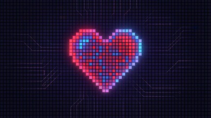 Vibrant pixel heart glowing on dark grid background with blue and red lights