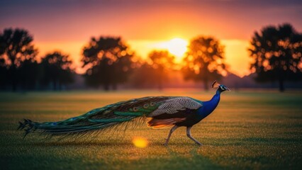 A colorful peacock walking gracefully during sunset, warm orange and purple sky, silhouette trees in background, glowing feathers, cinematic lighting, ultra-realistic wildlife photography, soft depth 