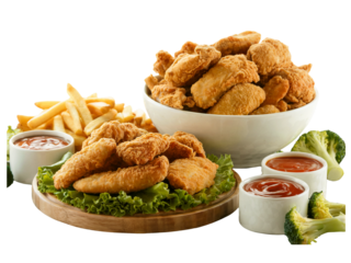 Crispy Fried Chicken Wings with Fries and Dipping Sauces