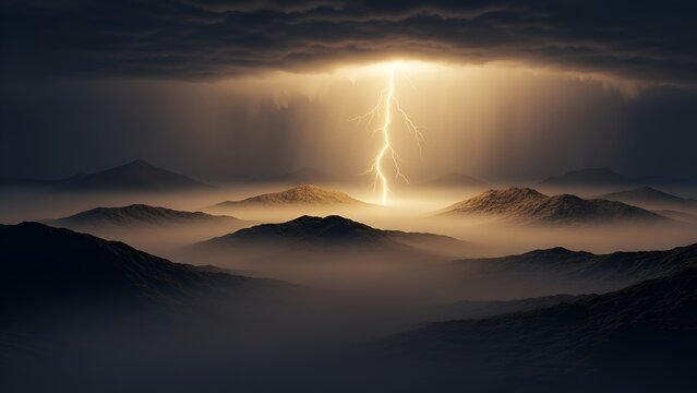 Dramatic lightning strike over misty mountain range highlighting nature's raw energy - Powered by Adobe