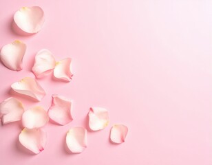 Delicate pink rose petals are gently scattered and arranged on a soft pastel pink background, creating a beautiful romantic border and tranquil atmosphere for various design needs