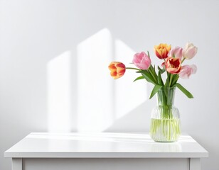 Beautiful bouquet of vibrant colorful tulips in a clear glass vase sits on a clean white table, bathed in natural light casting gentle window shadows indoors