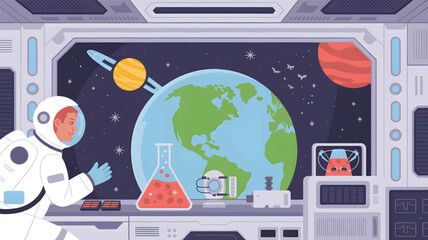Astronaut in space station laboratory with earth view planet desig