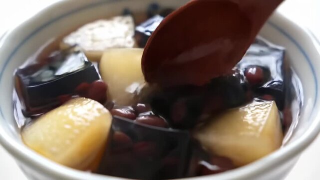 Japanese Sweet Dessert with Red Beans and Jelly in a Bowl