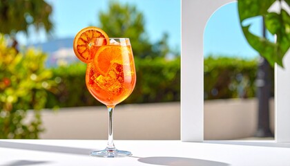 Refreshing Aperol Spritz cocktail served in a wine glass with orange slices, captured in bright natural light against a modern summer terrace background, evoking relaxation and Mediterranean vibes.