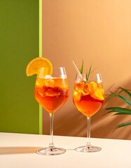Two glasses of Aperol Spritz on a minimalist summer-themed background. Refreshing cocktail with ice cubes, orange slices, and a garnish of rosemary, perfect for a bar or restaurant setting.