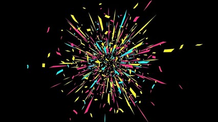 Energetic burst of confetti with triangular forms in vibrant colors against a black backdrop