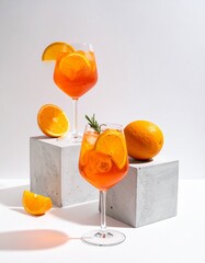 A minimalist composition of Aperol Spritz cocktails on modern concrete cubes with orange slices and rosemary garnish, creating a stylish and refreshing vibe.