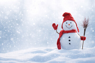 Smiling snowman in winter landscape with falling snow, festive seasonal background