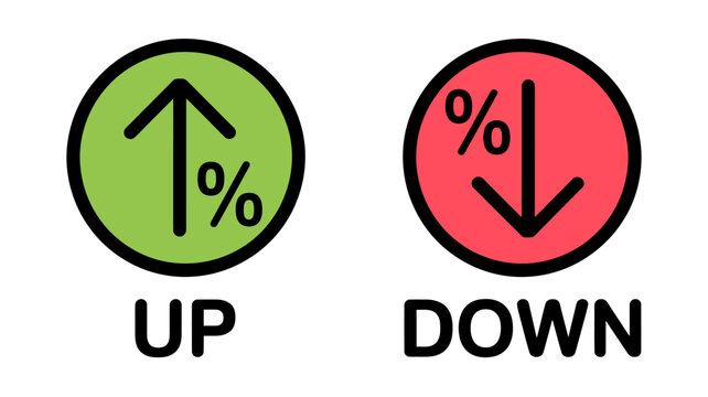 Green up and red down arrow percent symbols for business growth and loss isolated on transparent background
