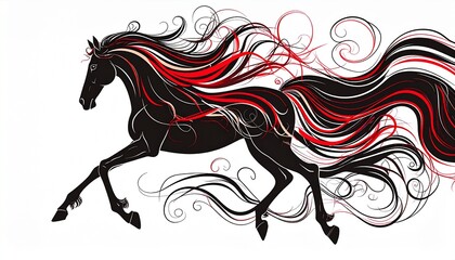 Majestic black horse with flowing mane and tail in red and white