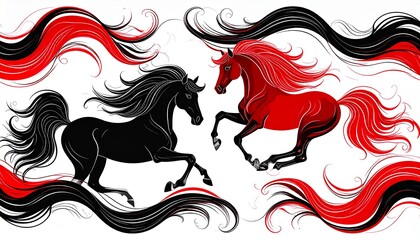 Dynamic illustration of two horses running with flowing manes