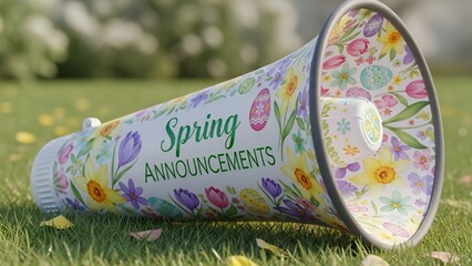 Brightly decorated megaphone featuring "Spring Announcements" text and floral Easter patterns rests on grass, concept for seasonal promotions, holiday marketing and outdoor festival messaging