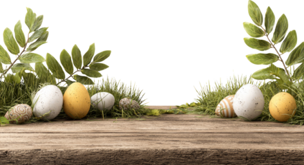 Easter egg spring decoration on rustic wood table festive nature border