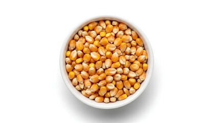 Dried corn kernels in white bowl isolated on white background. Top view of raw yellow maize seeds