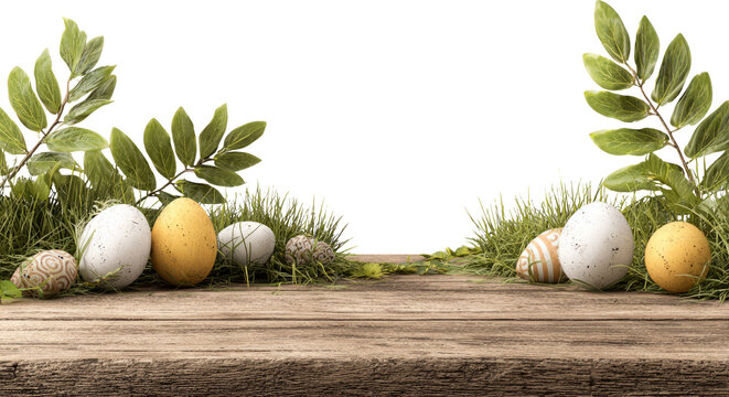 Easter egg spring decoration on rustic wood table festive nature border