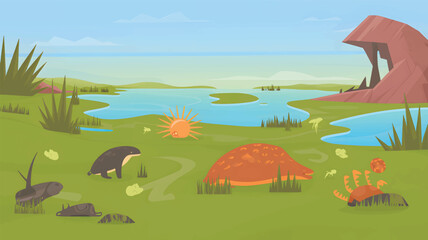 Prehistoric landscape with dinosaurs and river green desig © srdesignhouse