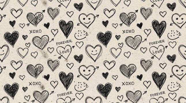 Charming hand drawn hearts pattern with love words on beige background
