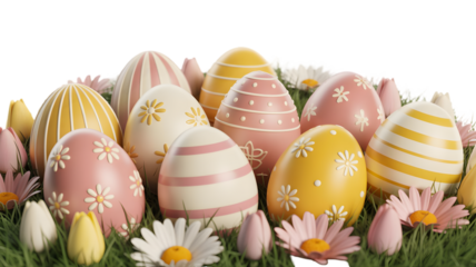 Easter sunday decorated eggs on grass with flowers isolated on transparent background