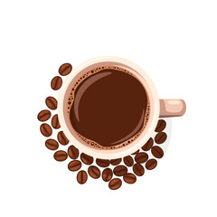 Obraz premium Top view of a coffee cup with roasted beans on white background, flat design illustration