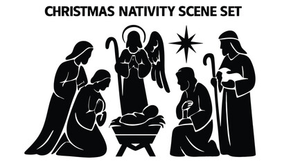 A Christmas nativity scene set with silhouettes of Mary, Joseph, Jesus, and the Three Wise Men