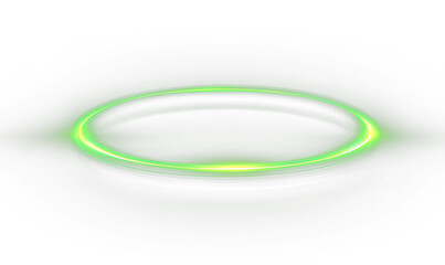 Green neon glowing circle overlay with energy ring effect, abstract light streaks of movement and speed, green ellipse, PNG