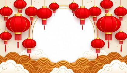 Vibrant red Chinese lanterns hanging amidst golden clouds and waves