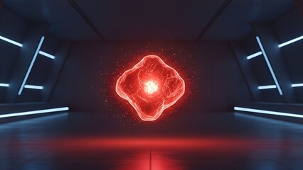 Mysterious glowing red entity floats within a futuristic high-tech chamber landscape scene