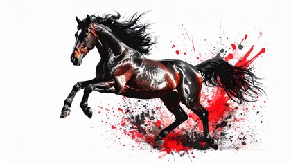 Majestic black horse running with dynamic red and black paint splashes