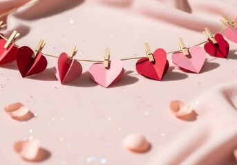 Valentine's Day Paper Hearts Garland on Pink Fabric