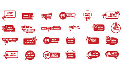 A collection of red new arrival badges and icons on a white background