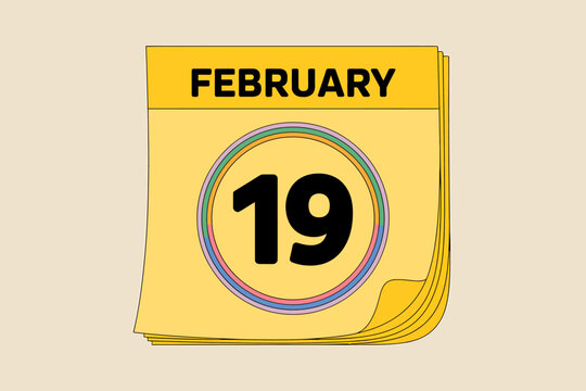 Yellow daily calendar page for February 19th isolated on transparent background