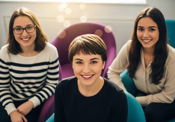 Cheerful Young Women Group Portrait Smiling Together in Bright Modern Lounge